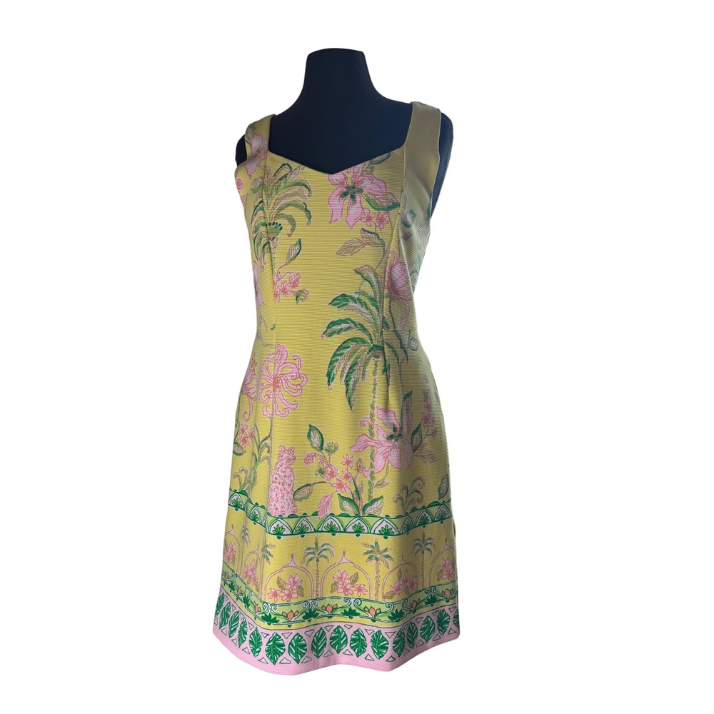 Lilly Pulitzer Yellow Floral Palm Tree Leopard Print Pique Shift Dress Women